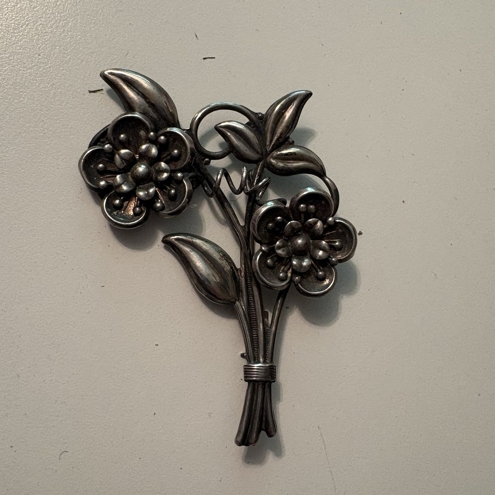 Vintage Solid 925 Sterling Silver Brooch Pin Floral Flowers Ornate 2" - 18g